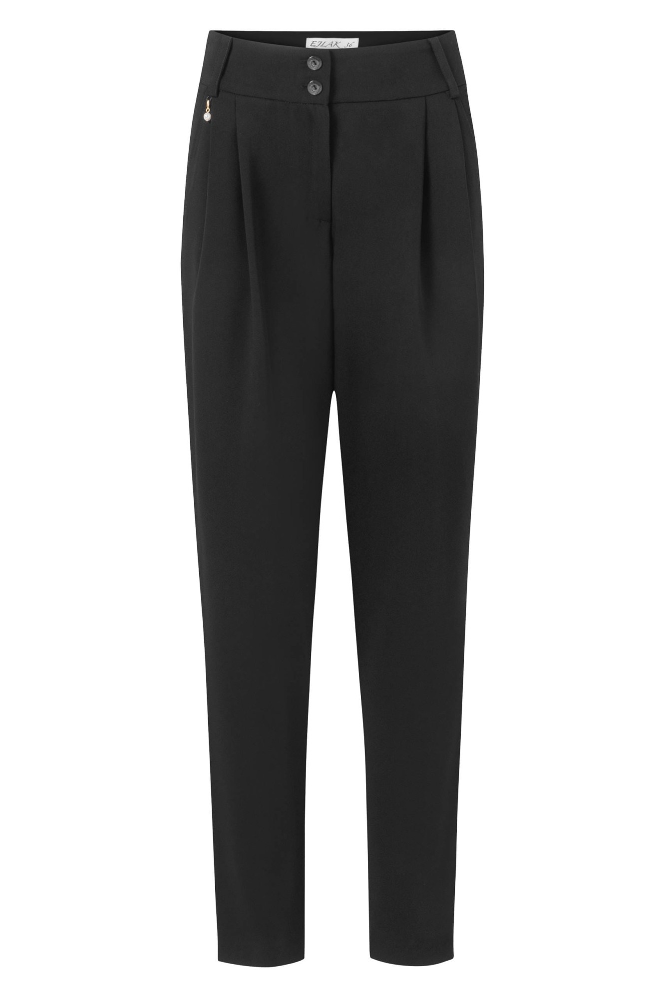 Czarne spodnie pumpy damskie z zakładkami, luźny krój i elegancki design, idealne na co dzień i do stylizacji smart casual.